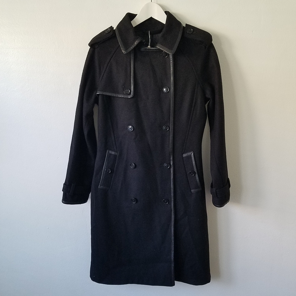 J.LINDERBERG Black Leather Trim Double Breasted Peacoat Jacket Size 34